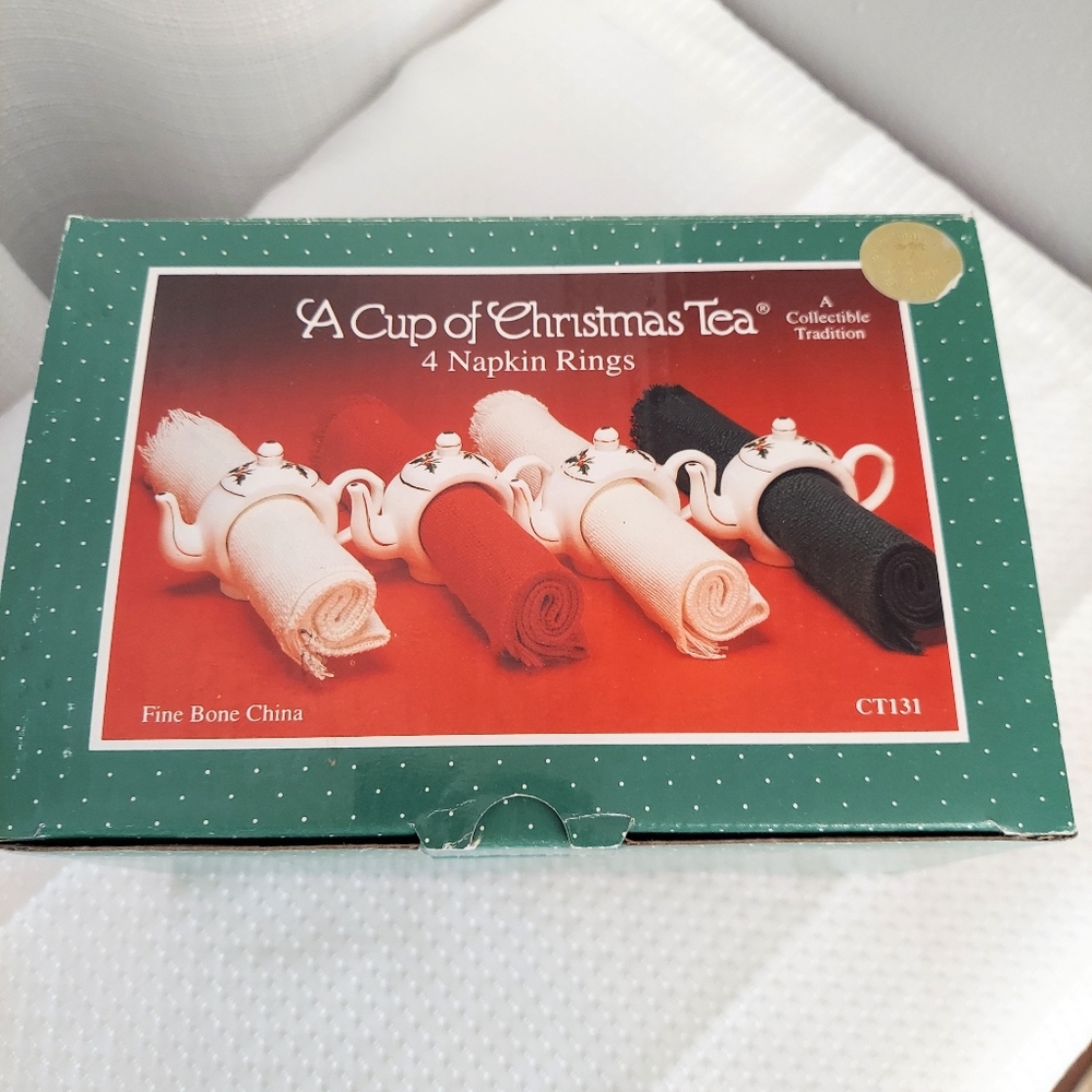 Cup of Christmas Tea Napkin Rings Holders Holly Berry Teapot Shape Bone China